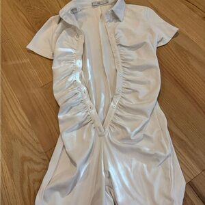 White Ruched Button-Up Jumpsuit